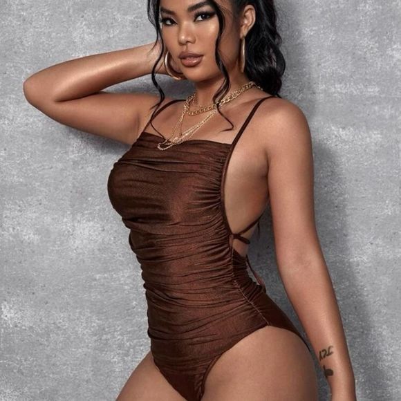 SHEIN | Tops | Shein Bodysuit Strappy Cut Out Satin Brown Bodysuit Size  Medium | Poshmark